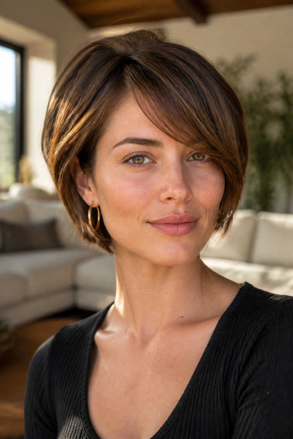 Portrait of a woman with a soft fringe and balanced part for heart-shaped face