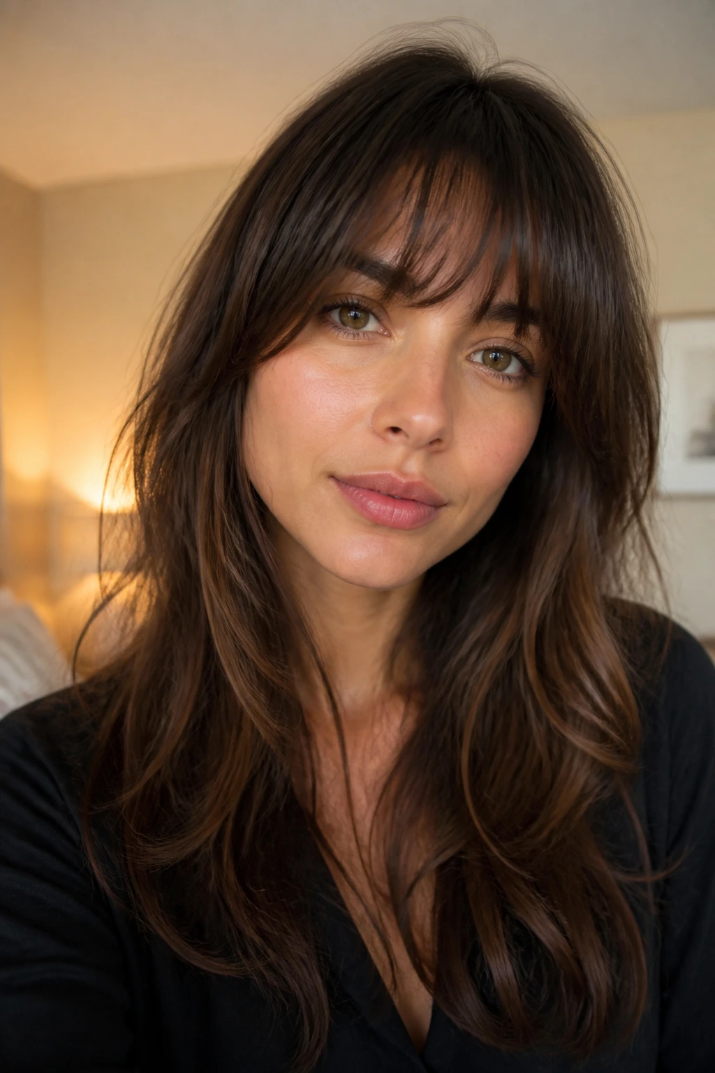 Portrait of a real woman with long hair and a soft fringe in a cozy home setting.