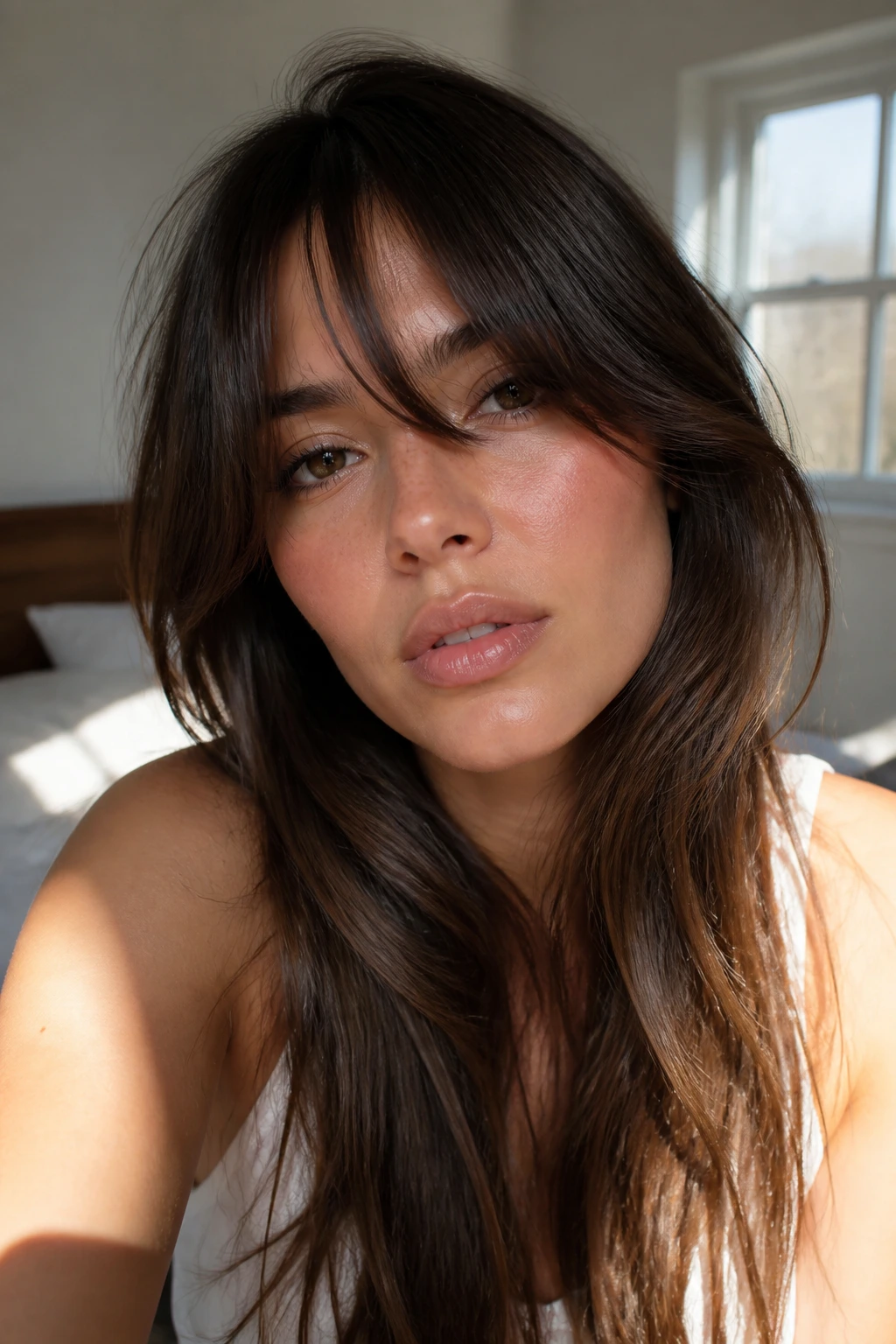 Close-up of a real woman with a long fringe framed by warm bedroom light