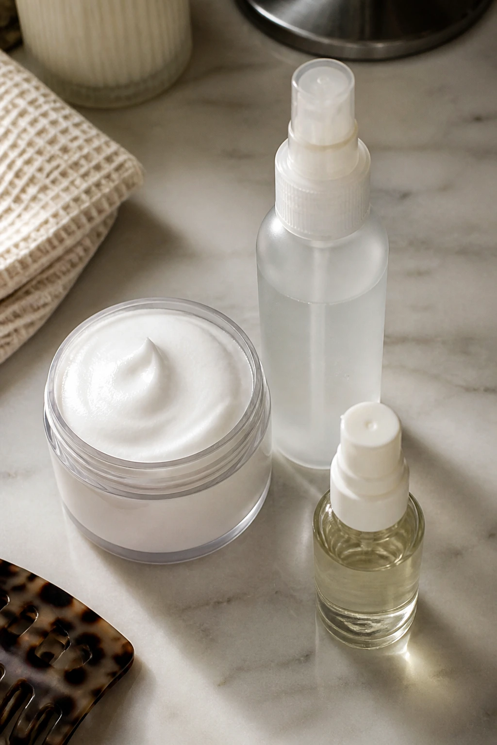 Flat lay of lightweight hair products for fine fringe on a vanity