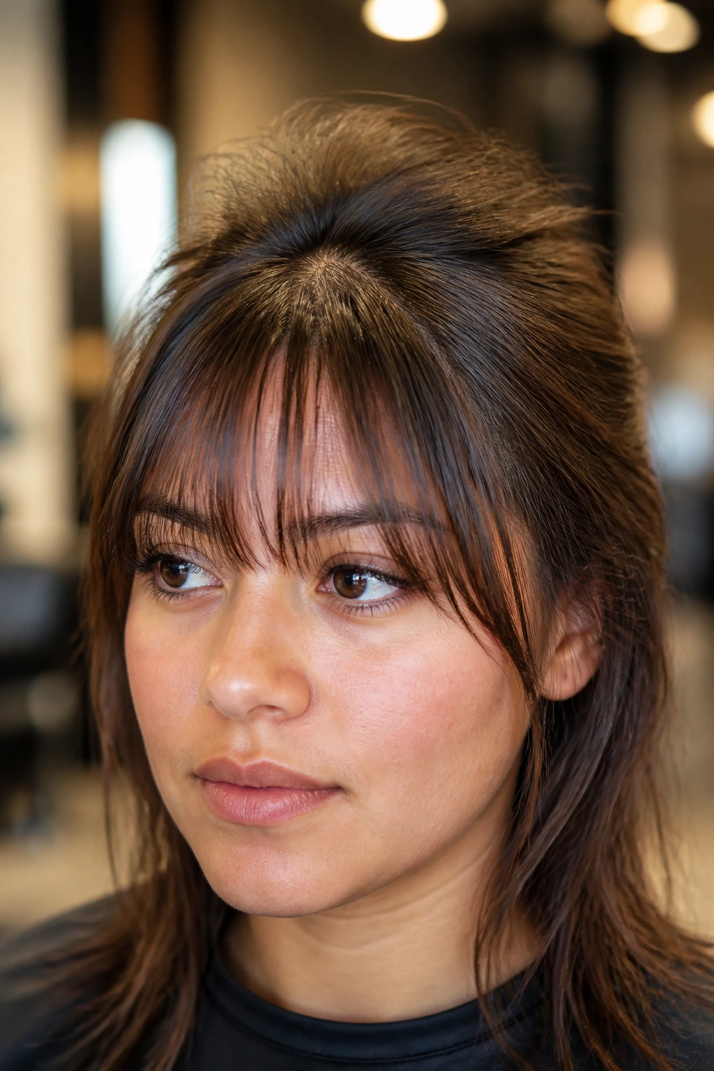 Close-up of a real woman's fringe puffing in the middle and collapsing at the sides