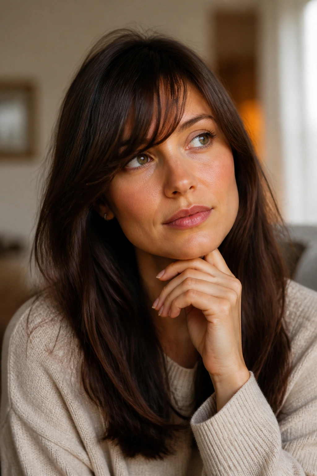 Thoughtful real-person portrait with swoop bangs contemplating fringe decisions.