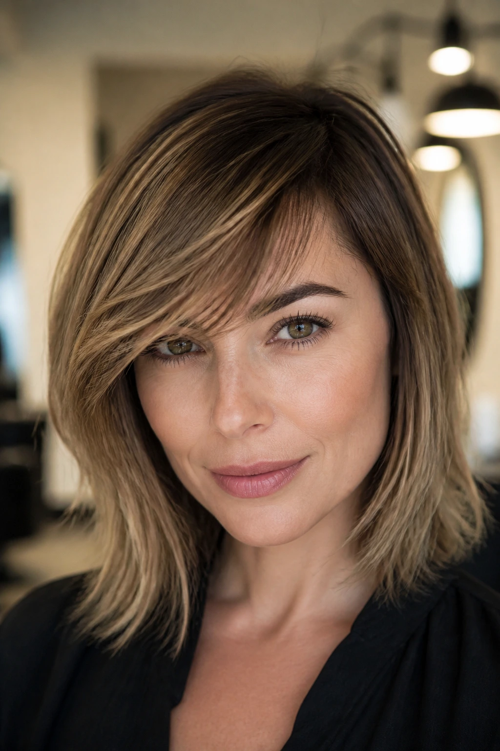 Close-up portrait of a woman with razor-tapered soft swoop fringe