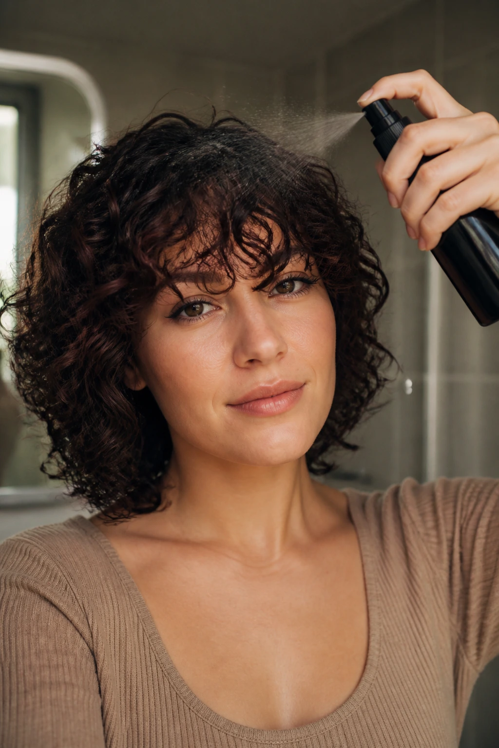 Real person refreshing curly fringe between washes with light mist