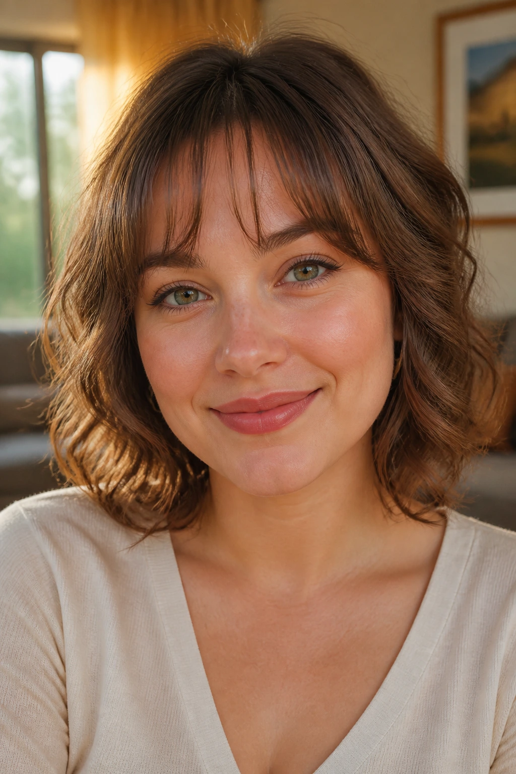 Close-up of a real woman showing fringe shaping on a round face in natural light