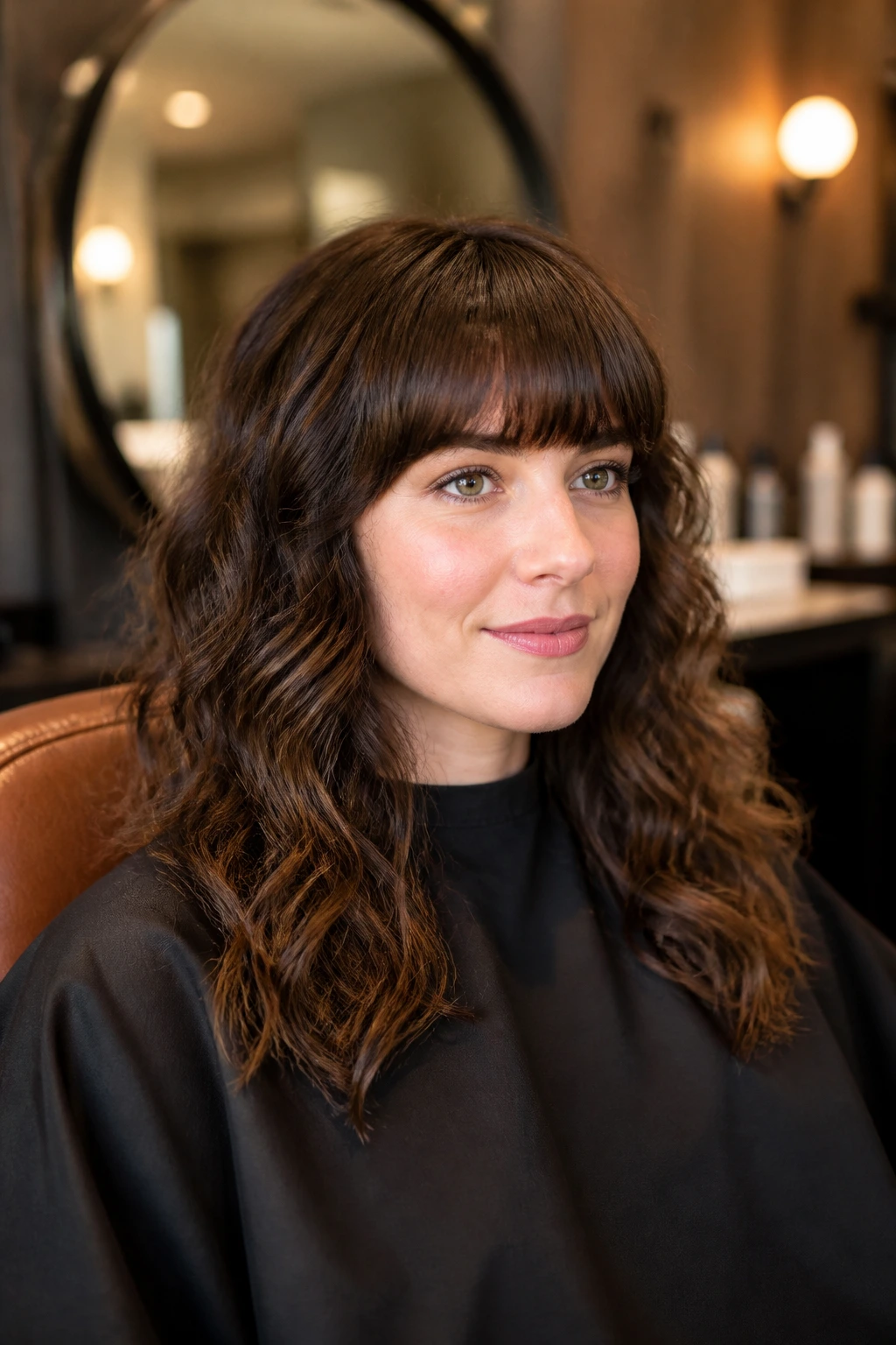 Portrait of a real person in a salon chair with fringe framing the brows