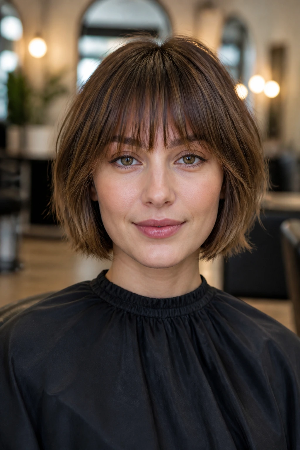Portrait of a person with fringe in a salon setting