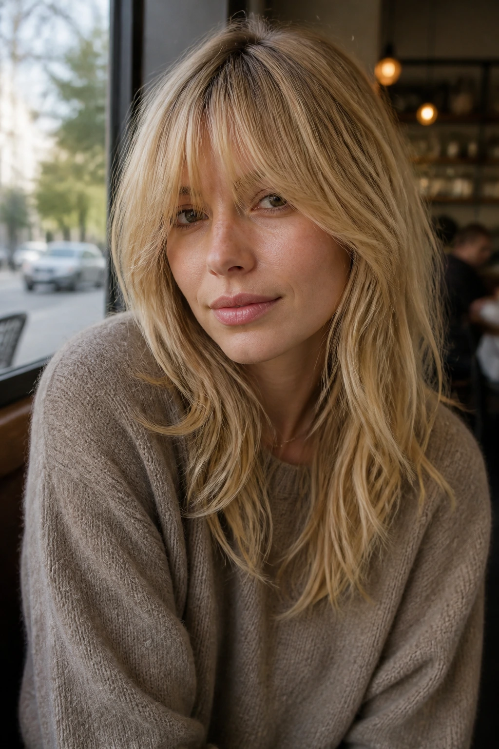 Close-up portrait of a real woman with a soft French shag and long fringe