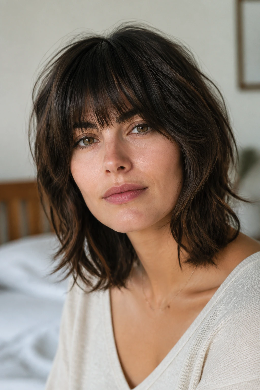 Close-up of real woman with full fringe shag bob and soft curls