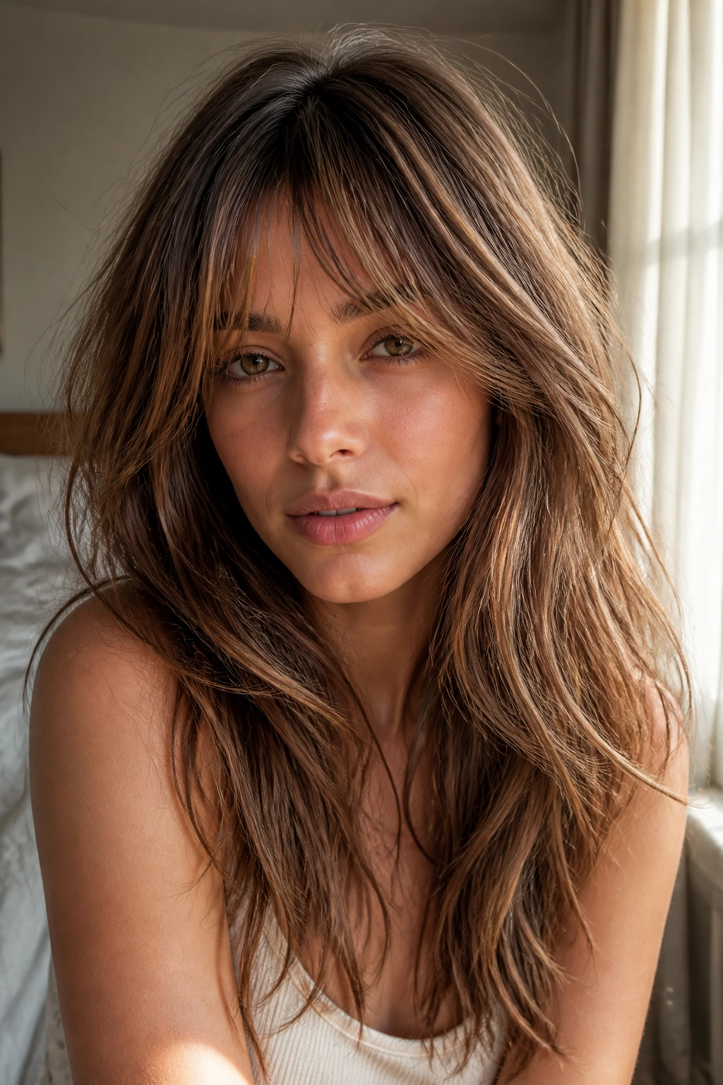 Close-up portrait showing long fringe shag with maple brown lowlights.