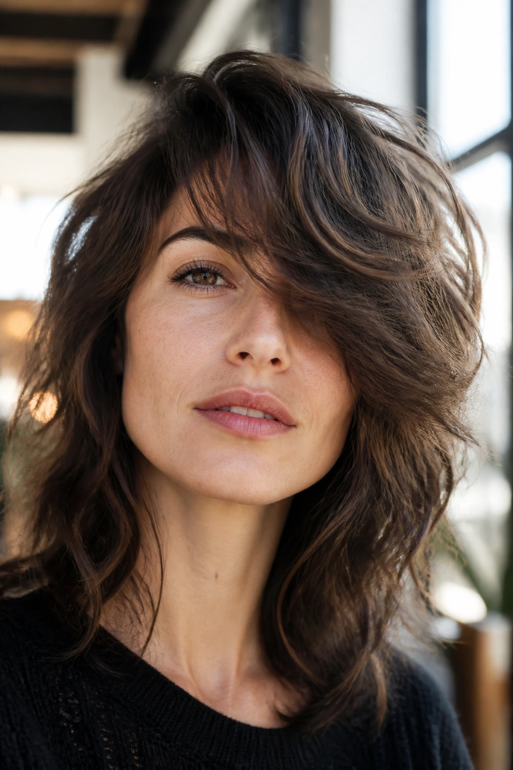 Close-up of heavy fringe-side sweep shag on a real woman
