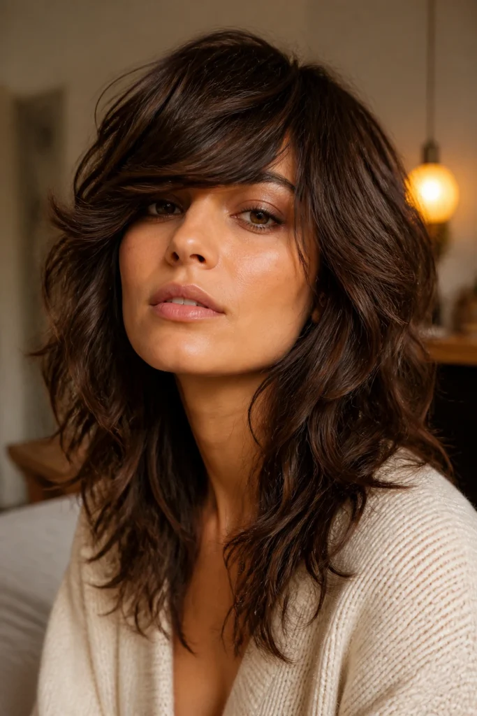 22 Wavy Shag Haircuts for Thick Hair with Side-Swept Bangs