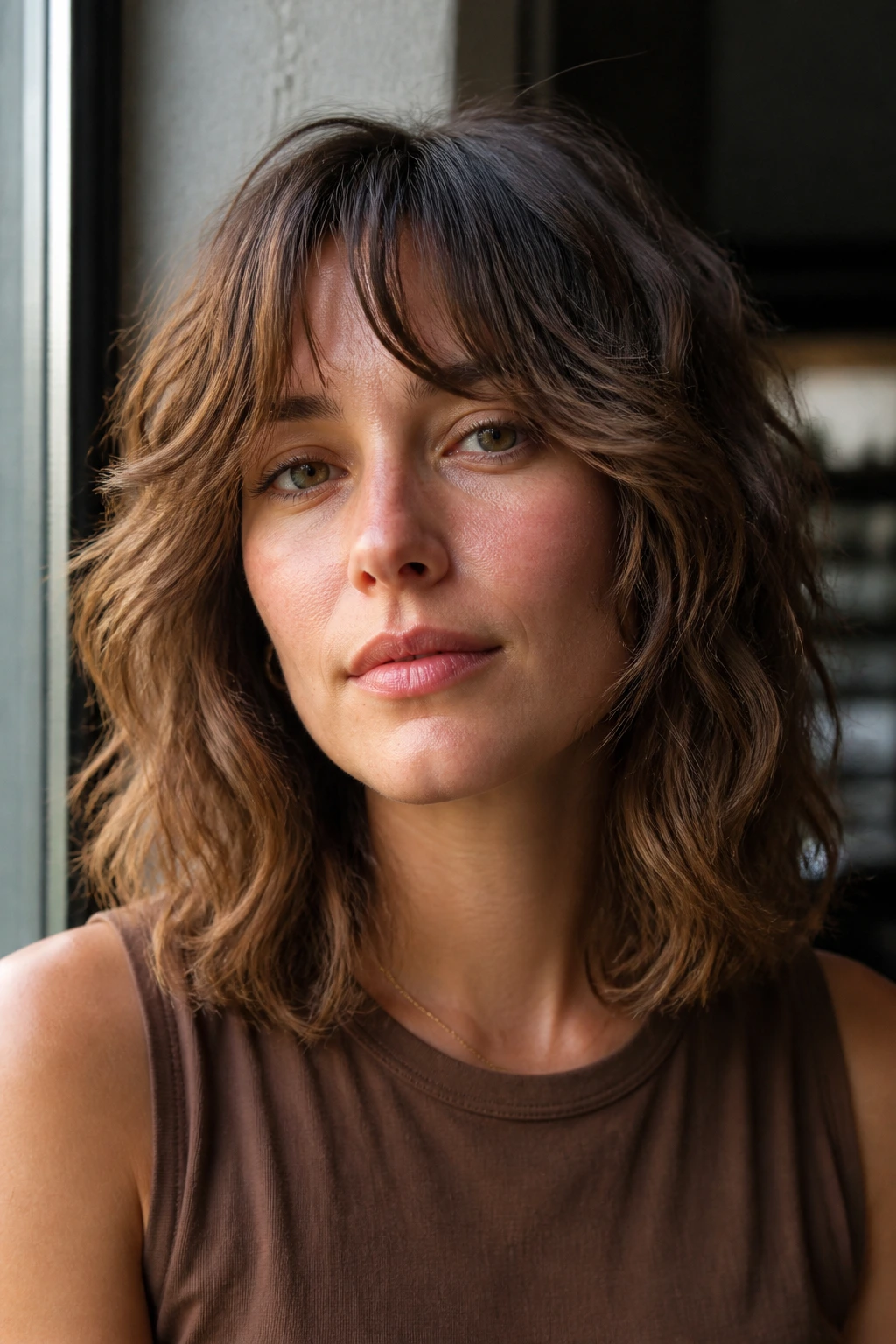Portrait featuring fringe-forward shag variation on a real person