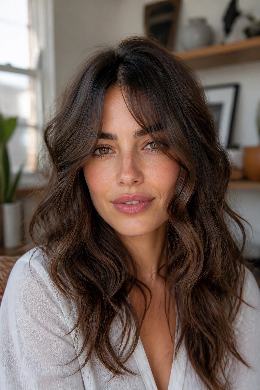Close-up of a real woman with elongating fringe shapes that make a round face appear longer