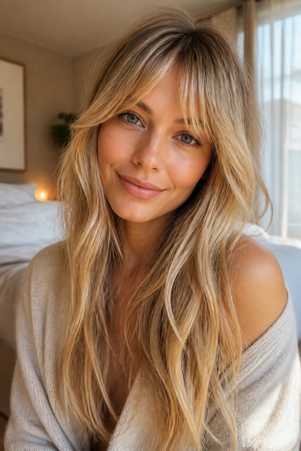 Close-up portrait of a real woman with long hair and an oval face showing fringe shapes with a soft fringe style