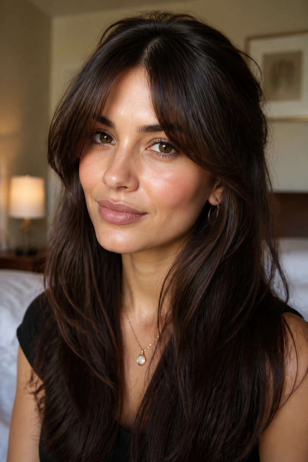 Close-up of a real woman with fringe shapes softening a wide forehead