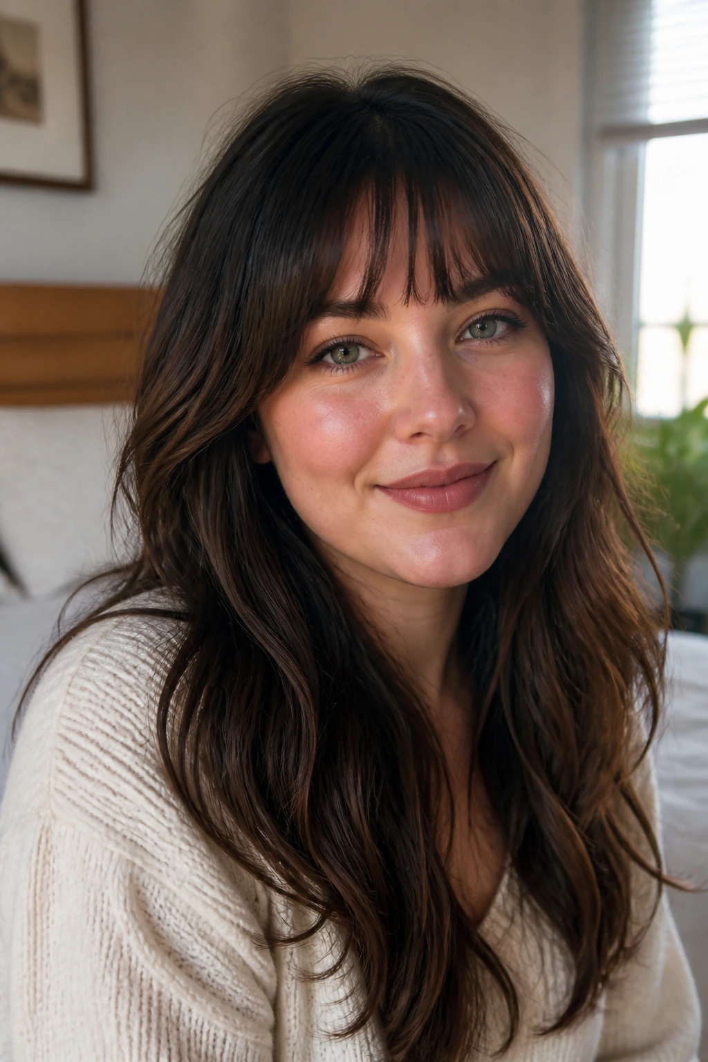 Portrait of a woman with soft fringe shapes framing a round face and long hair