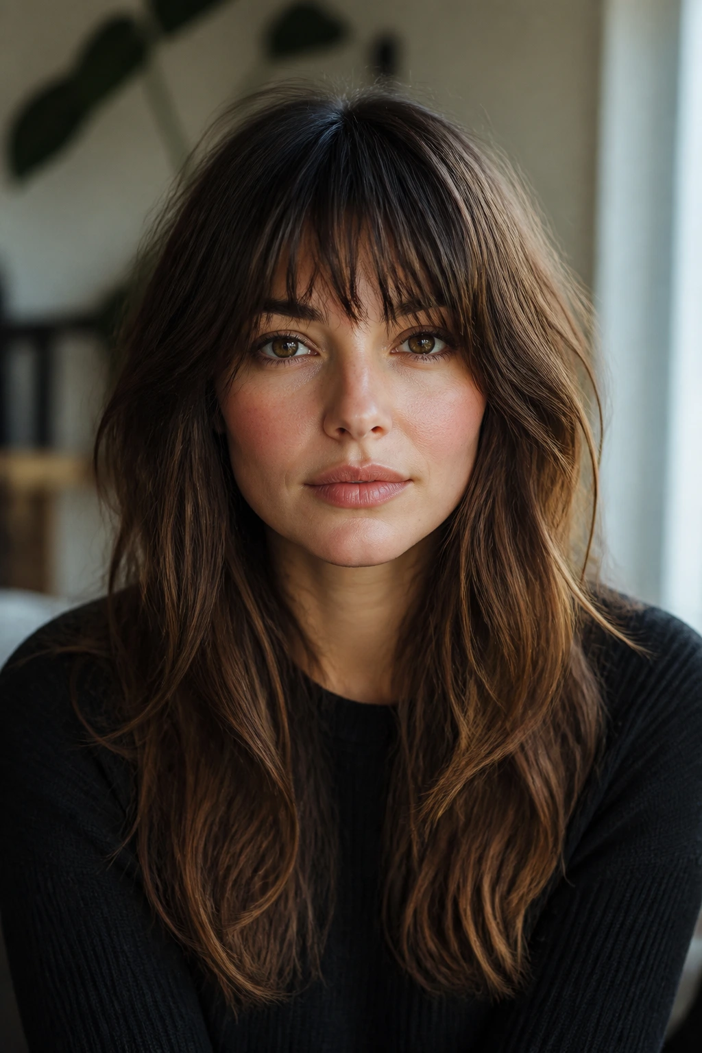 Close-up of a real woman with fringe shapes on thick hair in a cozy room