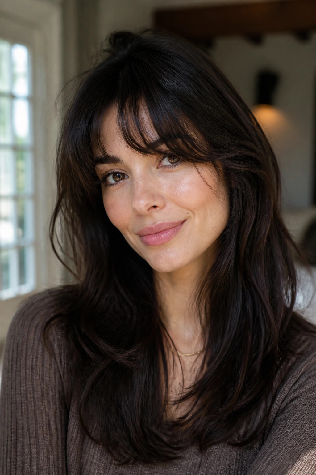 Close-up of a real woman with thick hair and heart-shaped face showing wispy fringe