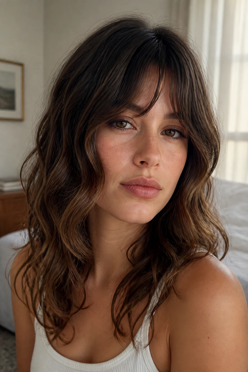 Close-up portrait showing fringe shapes on a real person's wavy hair against a softly lit bedroom background