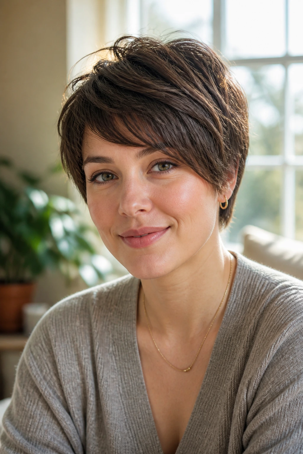 Close-up of a woman with short layered fringe on a round face in a sunlit living room
