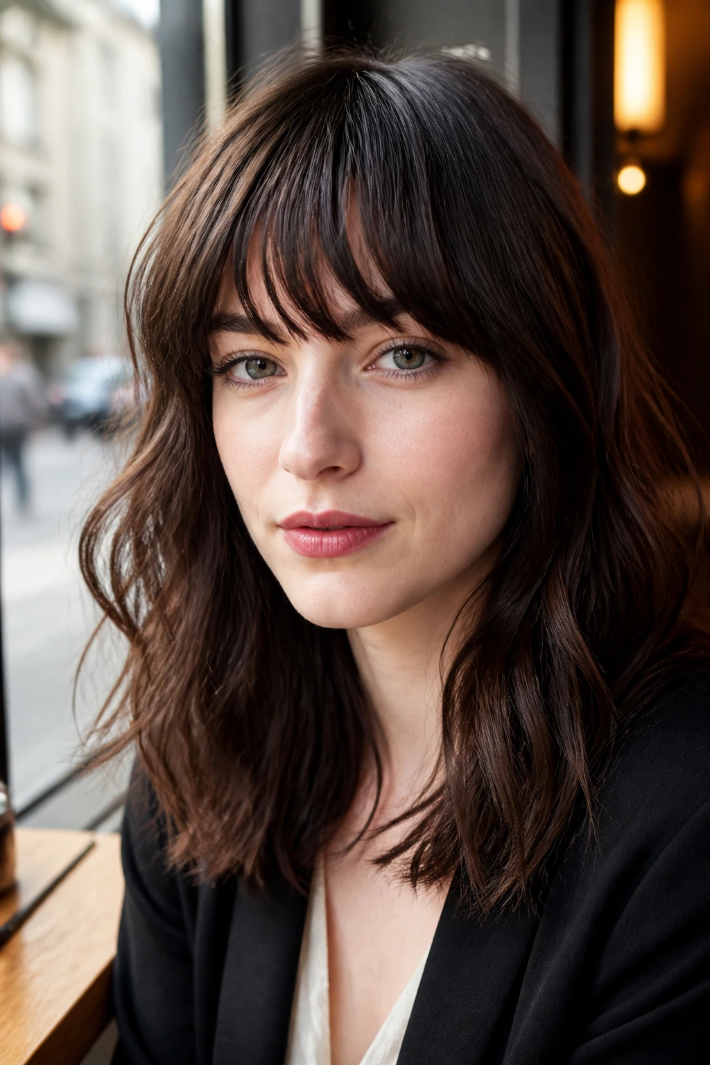 Close-up of a woman with French fringe and soft shoulder waves.