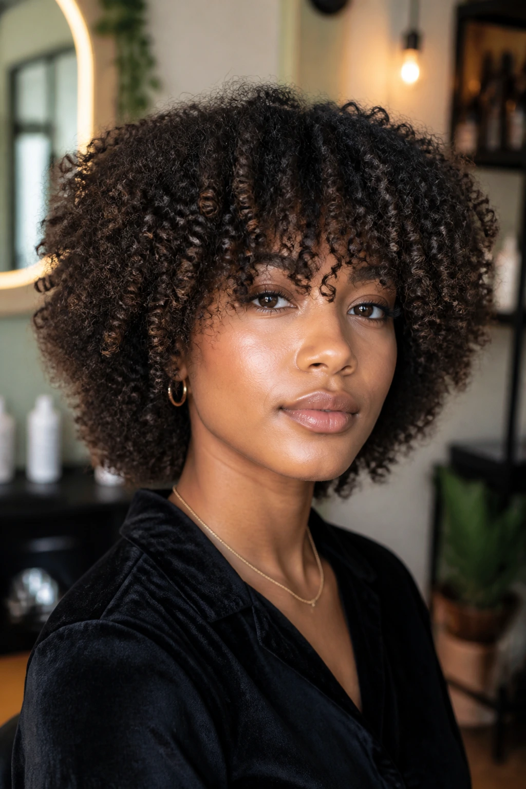 Close-up of textured natural hair with fringe in a modern salon