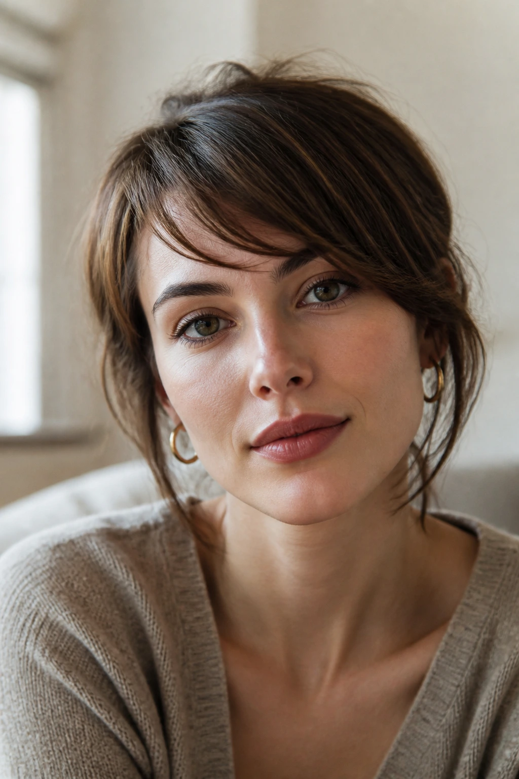 Close-up portrait of a woman with a French side sweep fringe in warm natural light