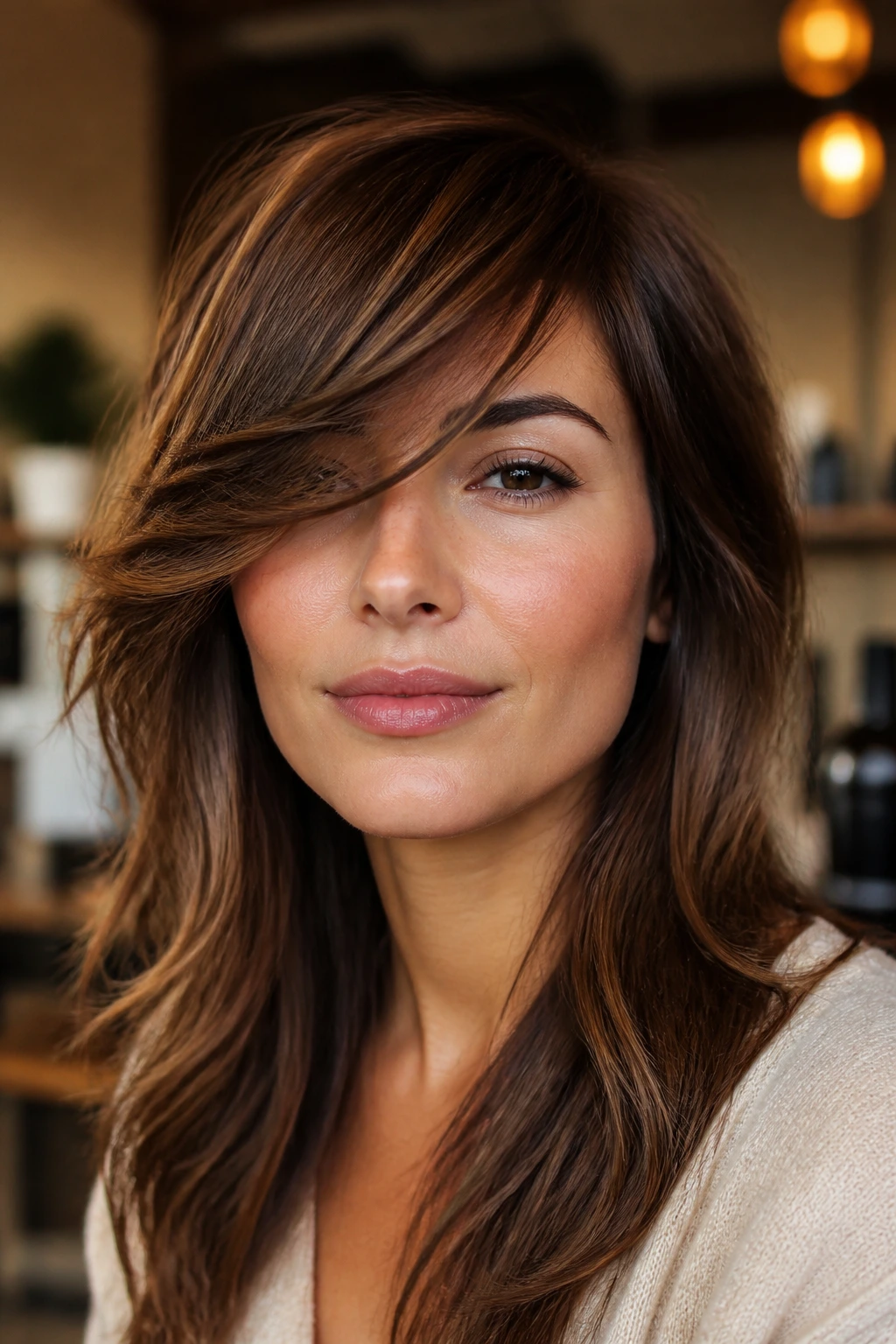 Portrait of a woman showing side-swept bangs with a diagonal line