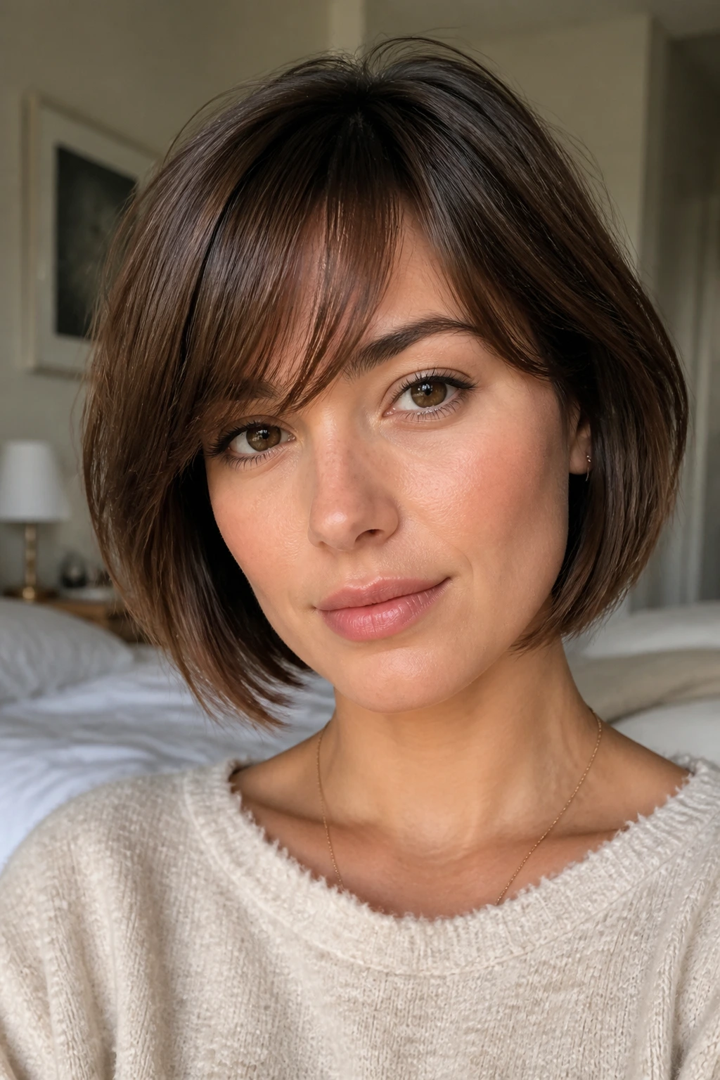 Close-up portrait of a real woman with a side-swept fringe along the brow in warm morning light