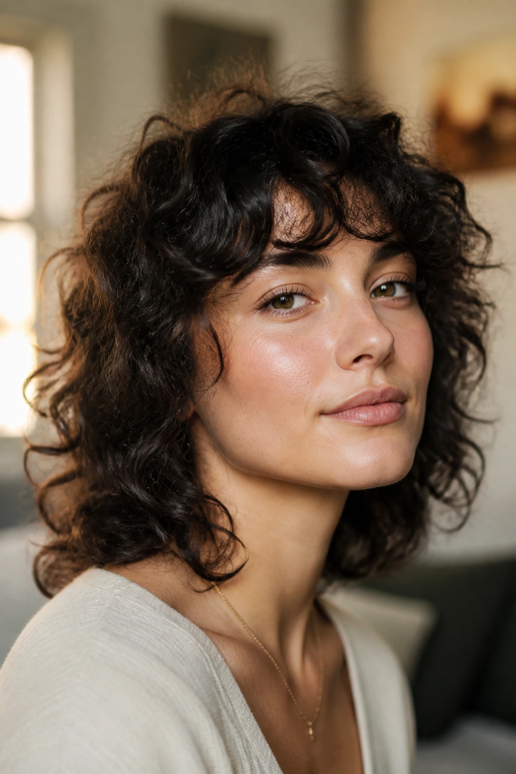Close-up of curly fringe softening a square jaw on a real person