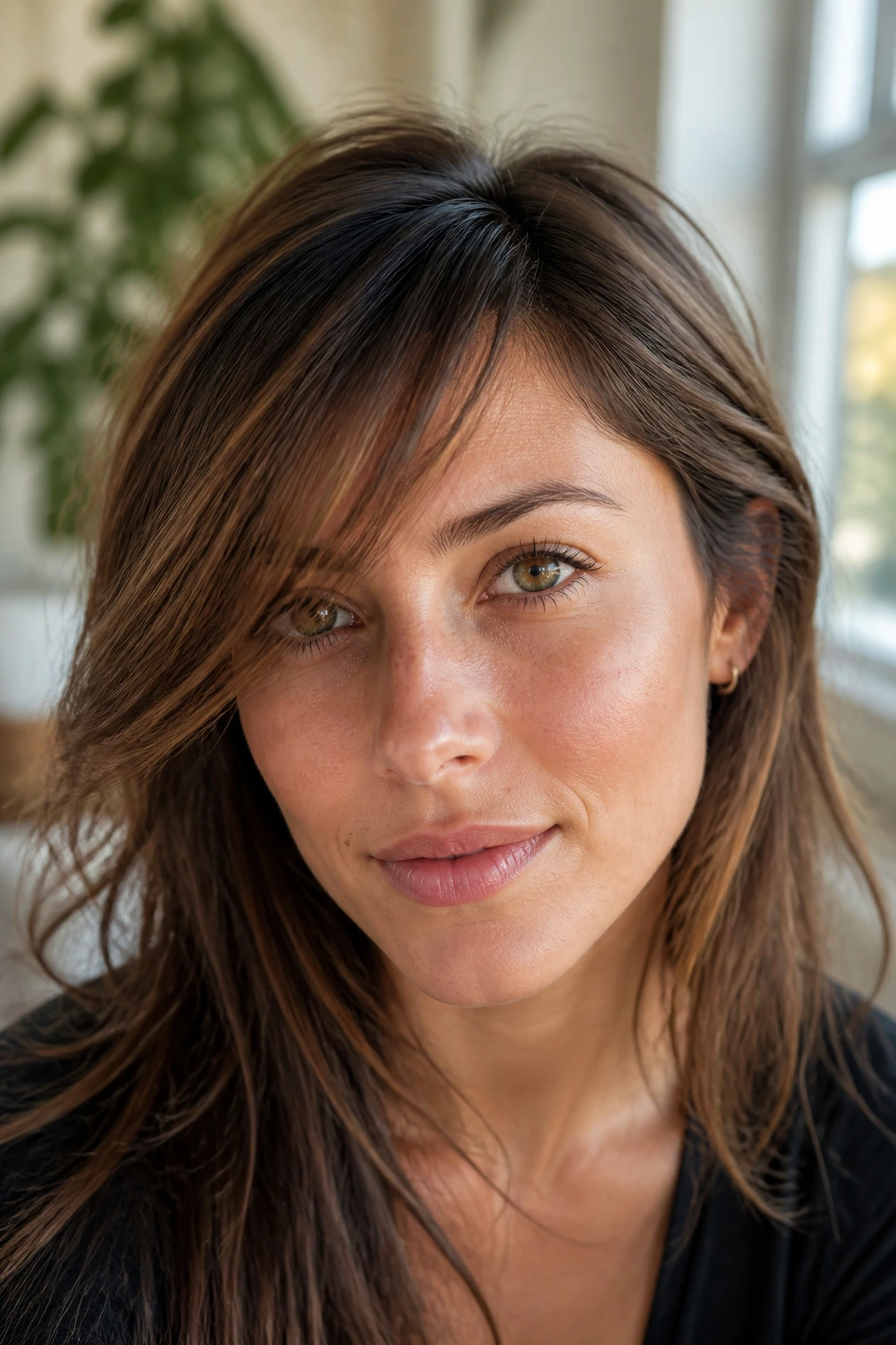 Real person with soft moving long side-swept fringe in natural light