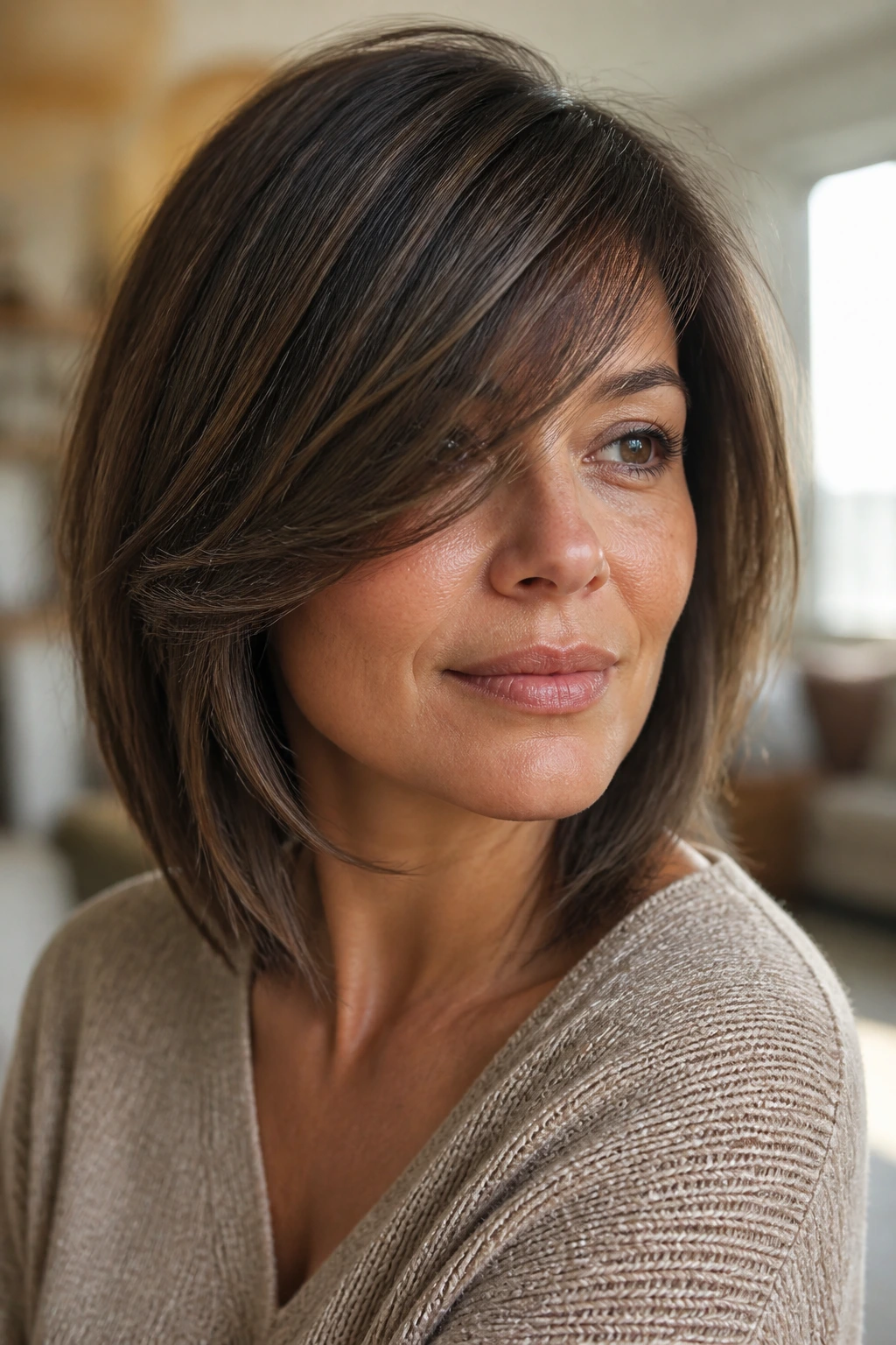 Close-up portrait of a woman with diagonally swept fringe softening a square jaw