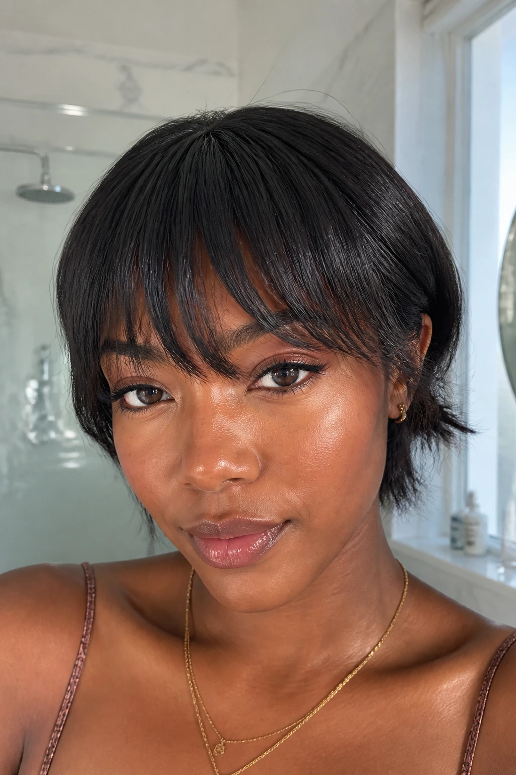Close-up of a real woman with a neatly styled fringe in a bright bathroom