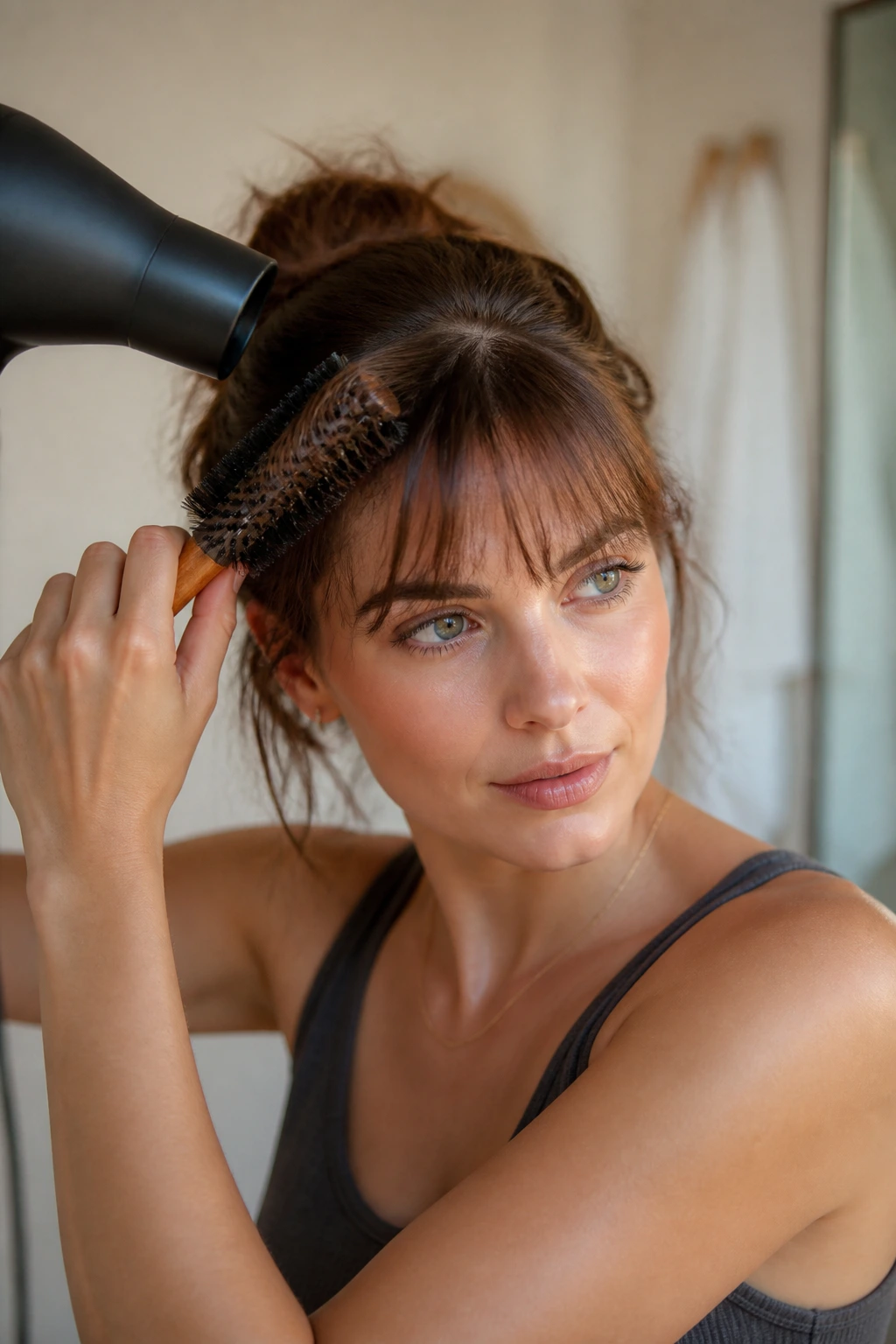 Real woman with light fringe being styled in a softly lit room