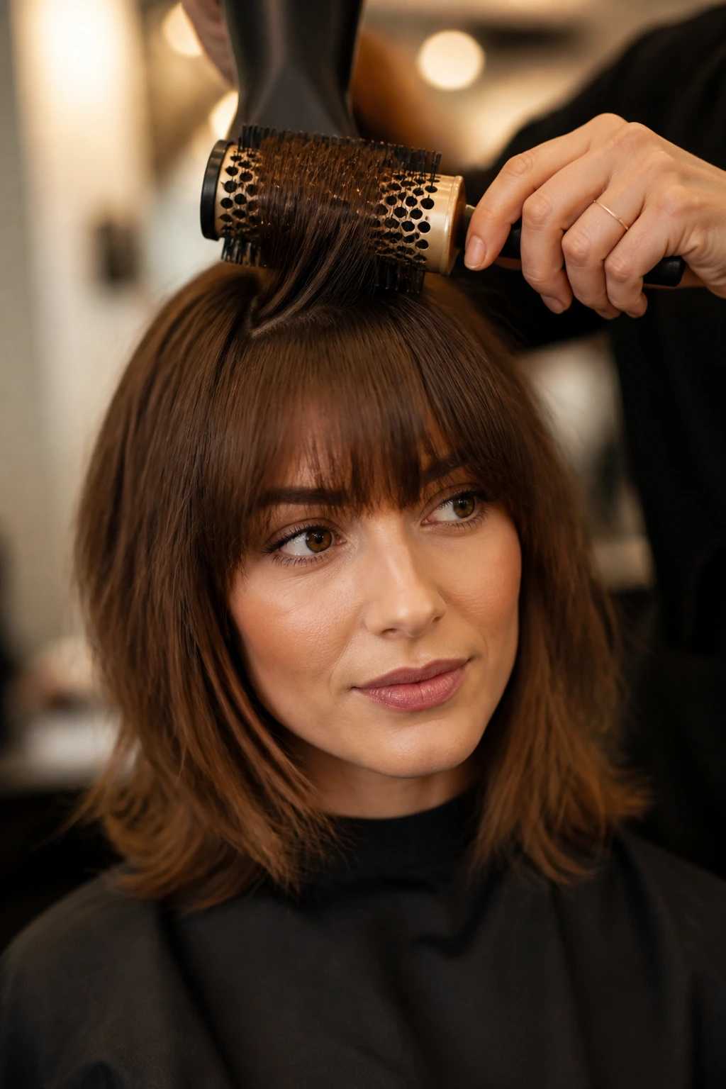 Portrait of a woman with bangs being shaped with a round brush in a salon