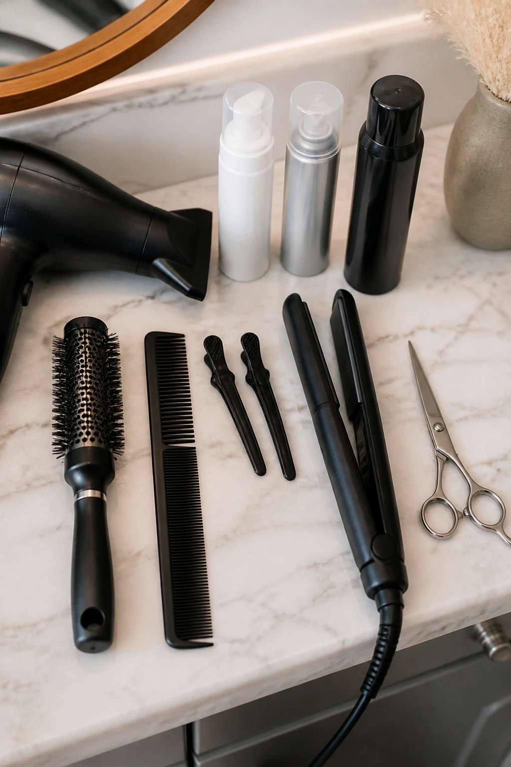 In-focus arrangement of fringe styling tools on a vanity