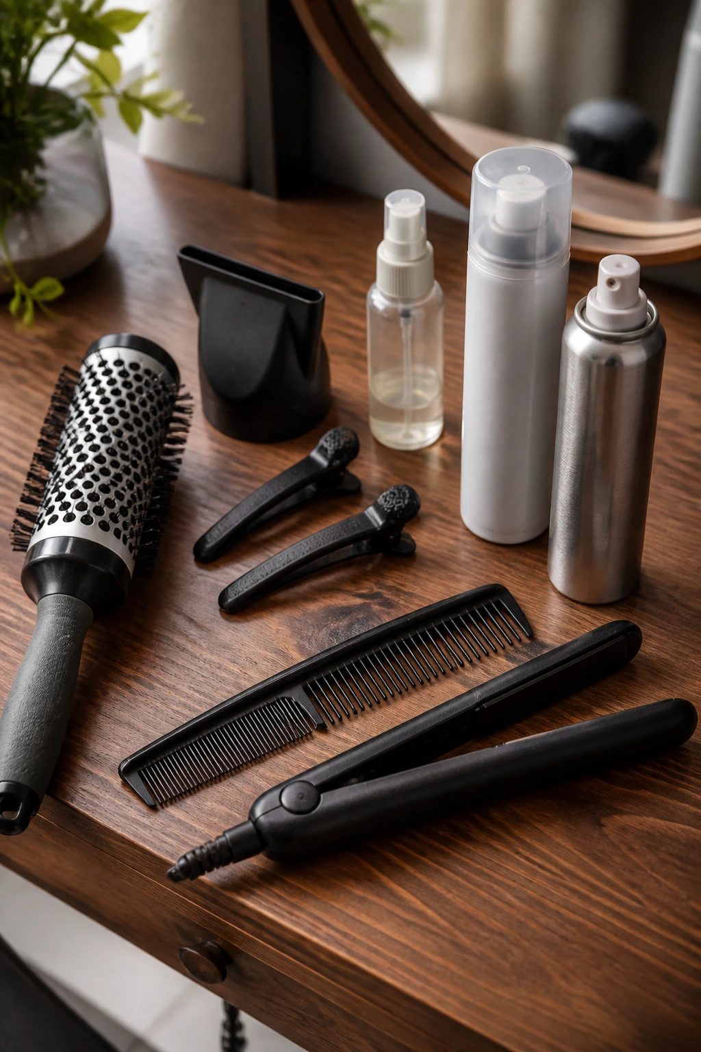 Tools for styling thick fringe arranged on a vanity