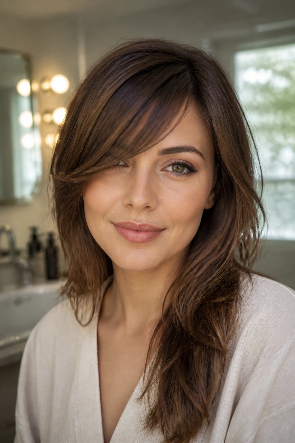 Portrait of a woman with a swept fringe looking polished and controlled