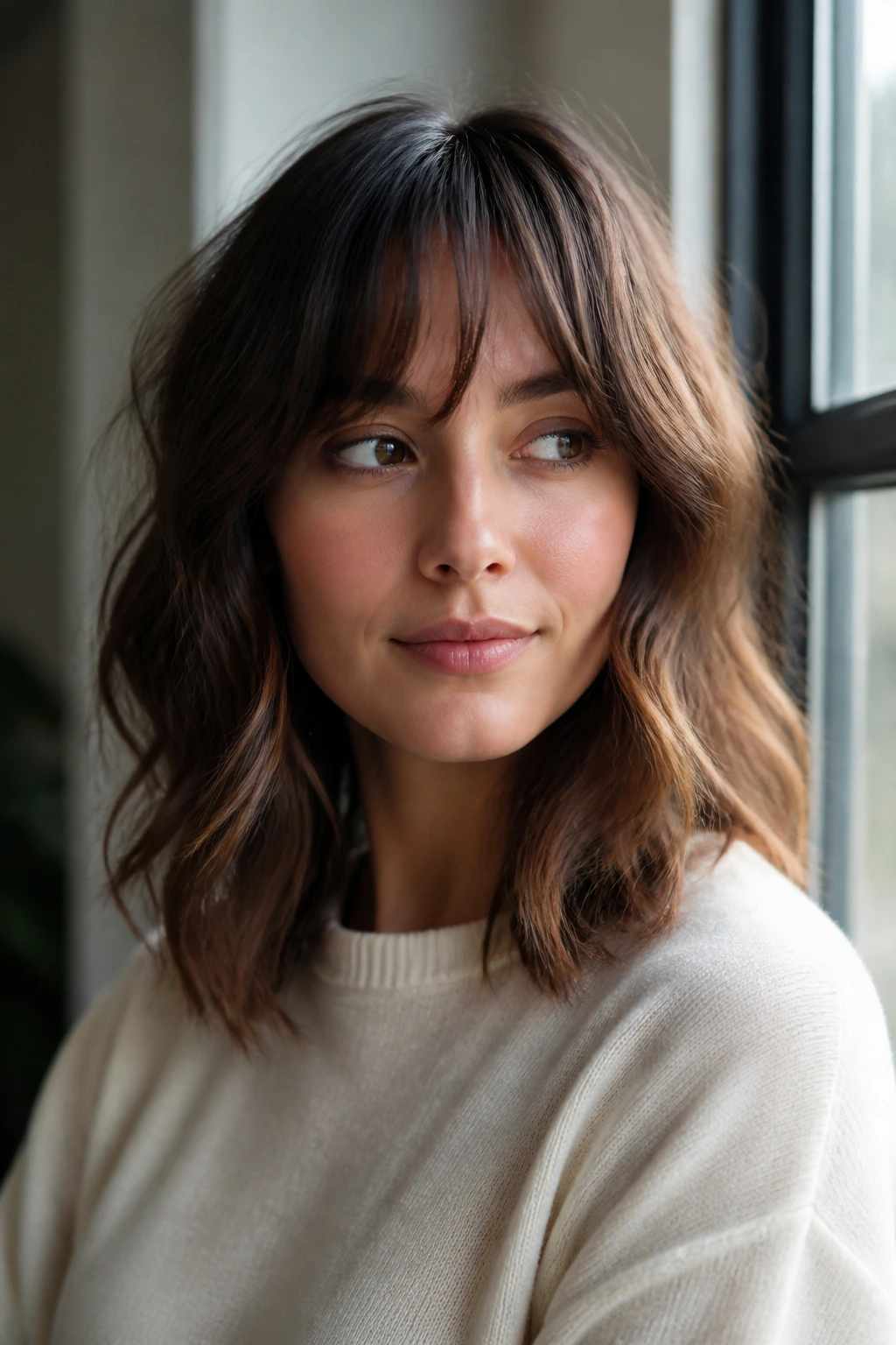 Portrait of a real woman with fringe and textured waves showing styling variations
