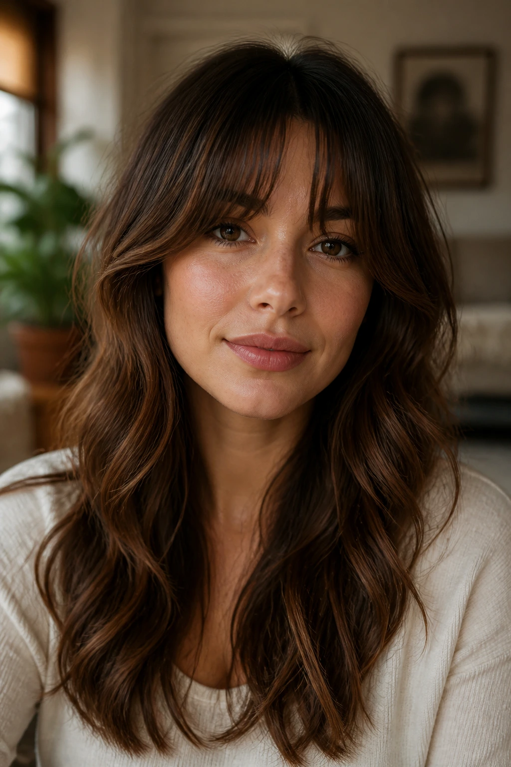 Close-up portrait of a real woman with varied fringe textures.