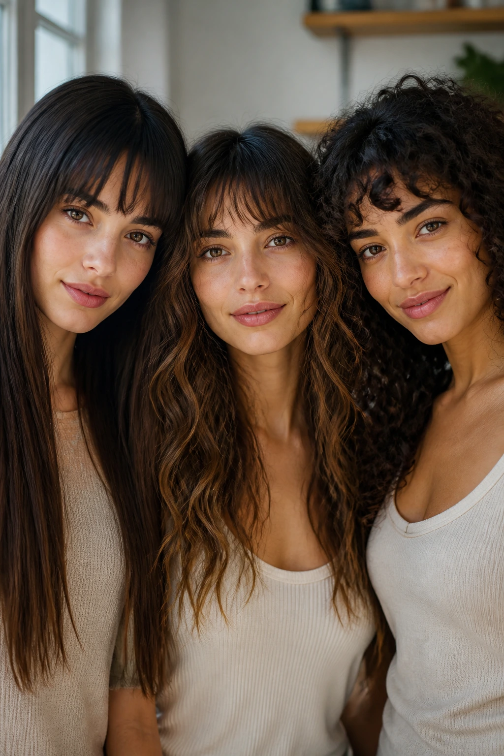 Portrait of a person with choppy fringe showing straight, wavy, and curly textures