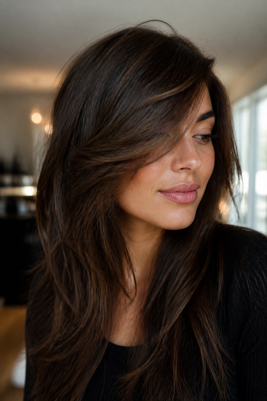 Close-up portrait of a woman with a thick long side-swept fringe in warm window light
