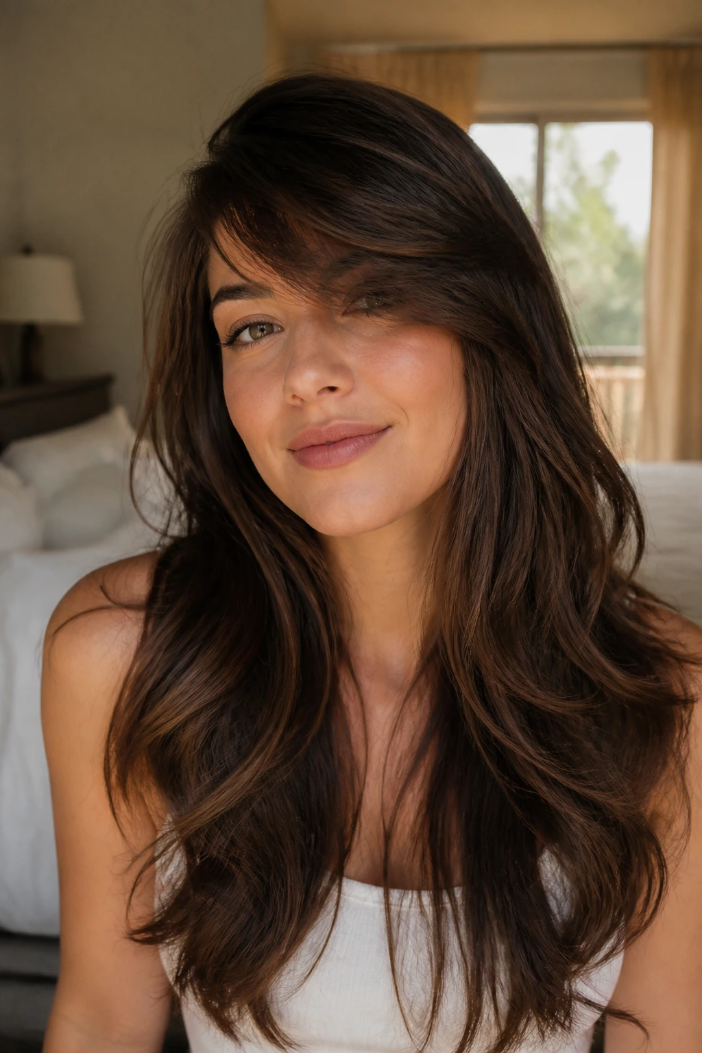 Close-up of a real woman showing a diagonal thick fringe blending into long hair with natural window light