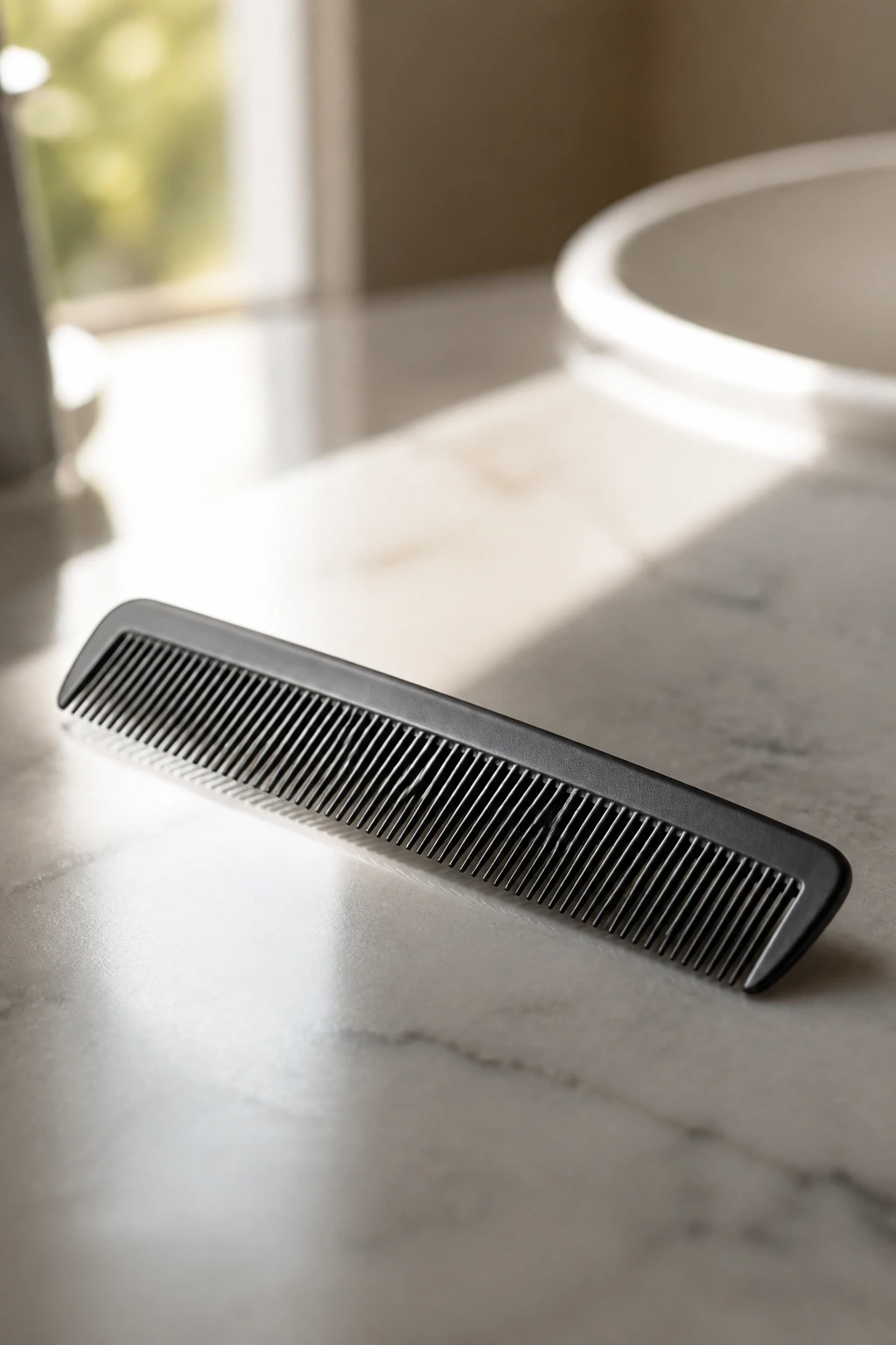 Close-up of a fine-tooth comb on a bathroom counter for fringe tools
