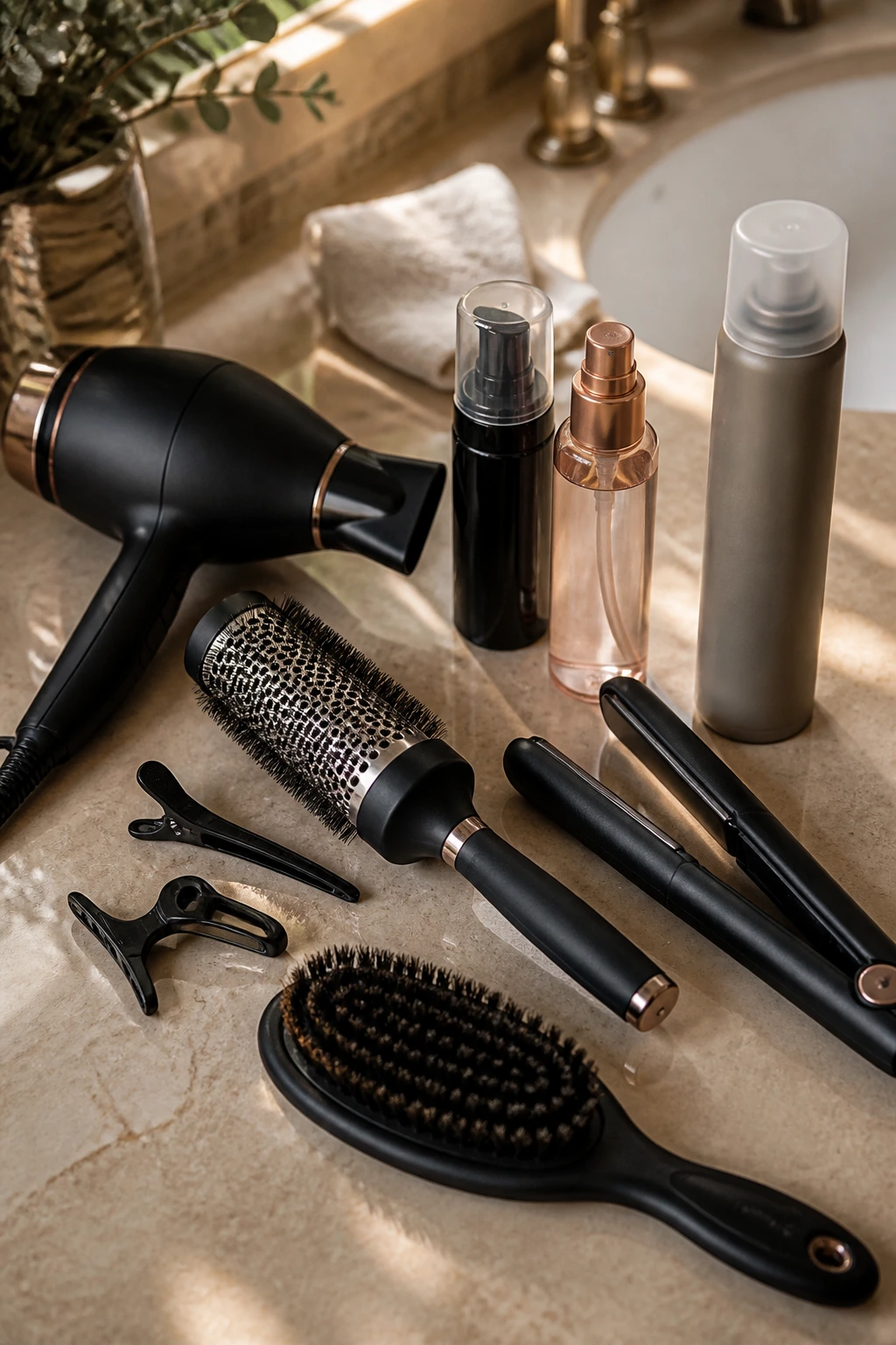 Close-up of fringe-styling tools on a warm bathroom counter.