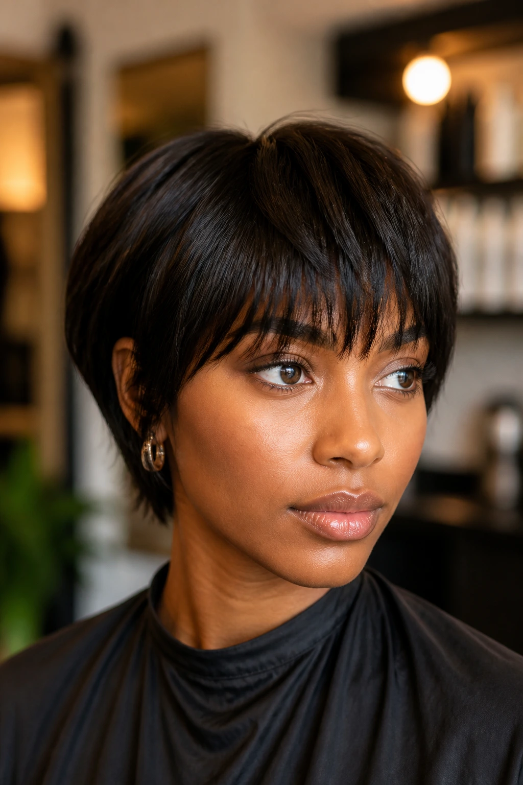 Portrait of a Black woman with neatly styled front fringe in a salon-like setting.