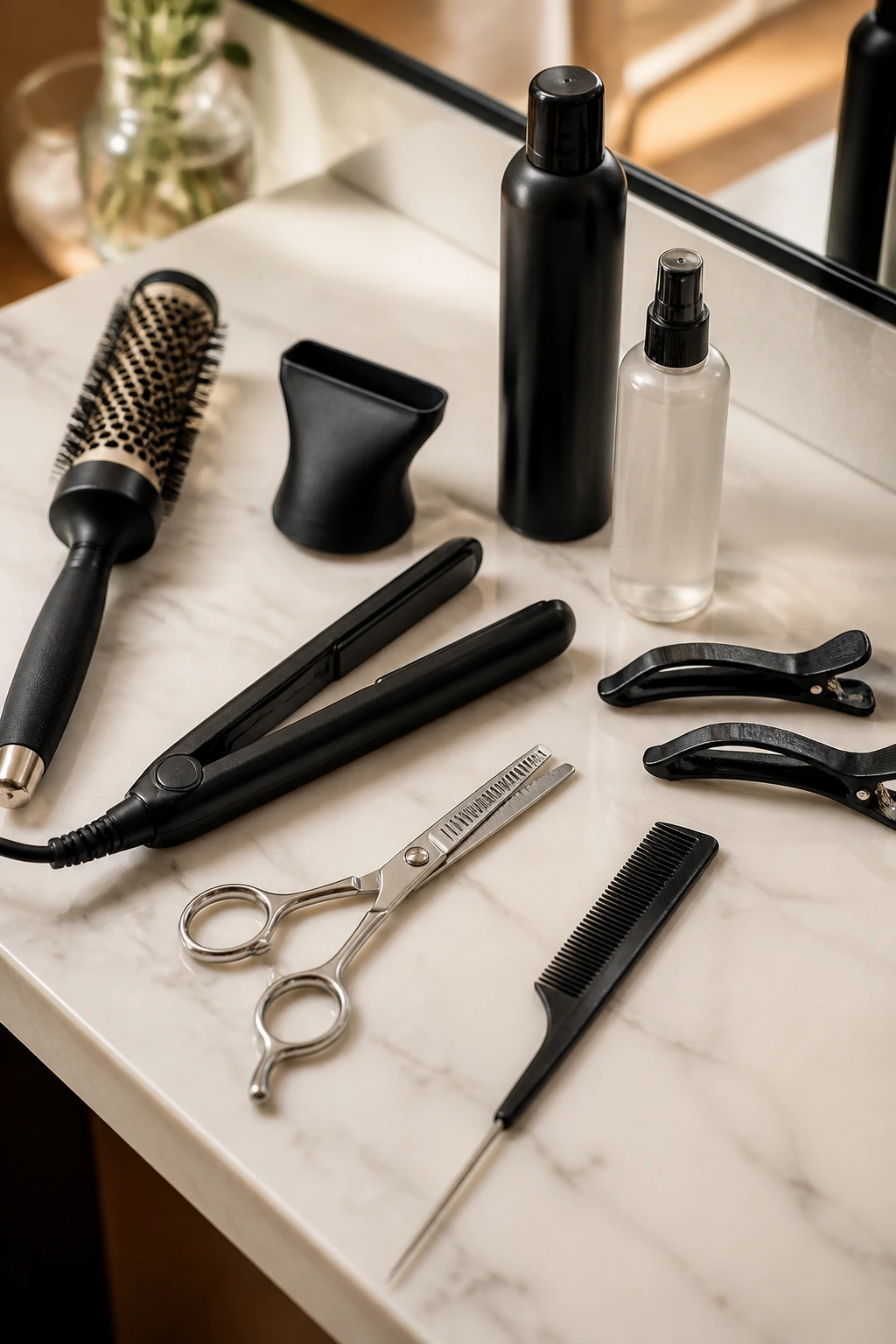 Close-up of essential fringe-styling tools arranged on a salon counter.