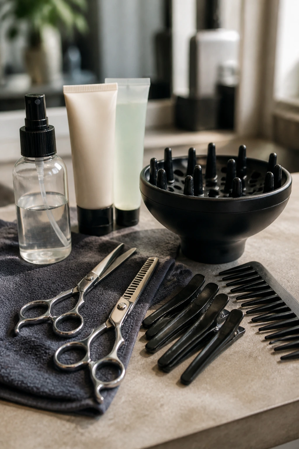 Close-up of essential curly fringe care tools arranged on a salon counter