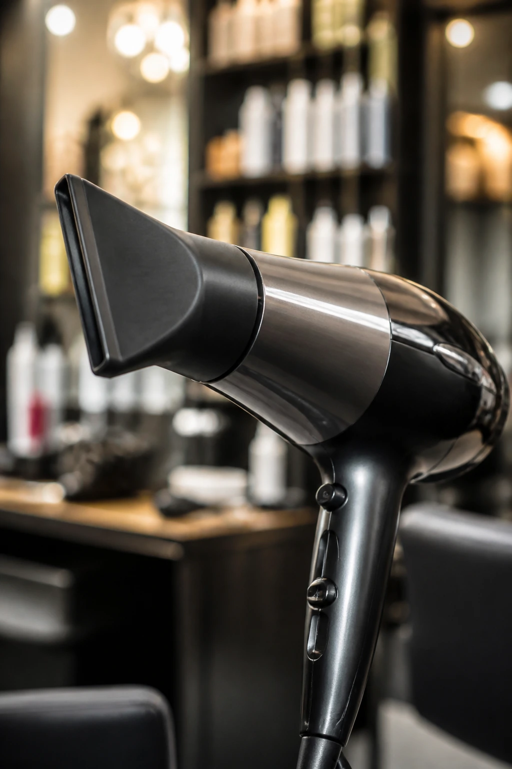 Close-up of a blow dryer with nozzle in a salon setting, ready to style wispy fringe.
